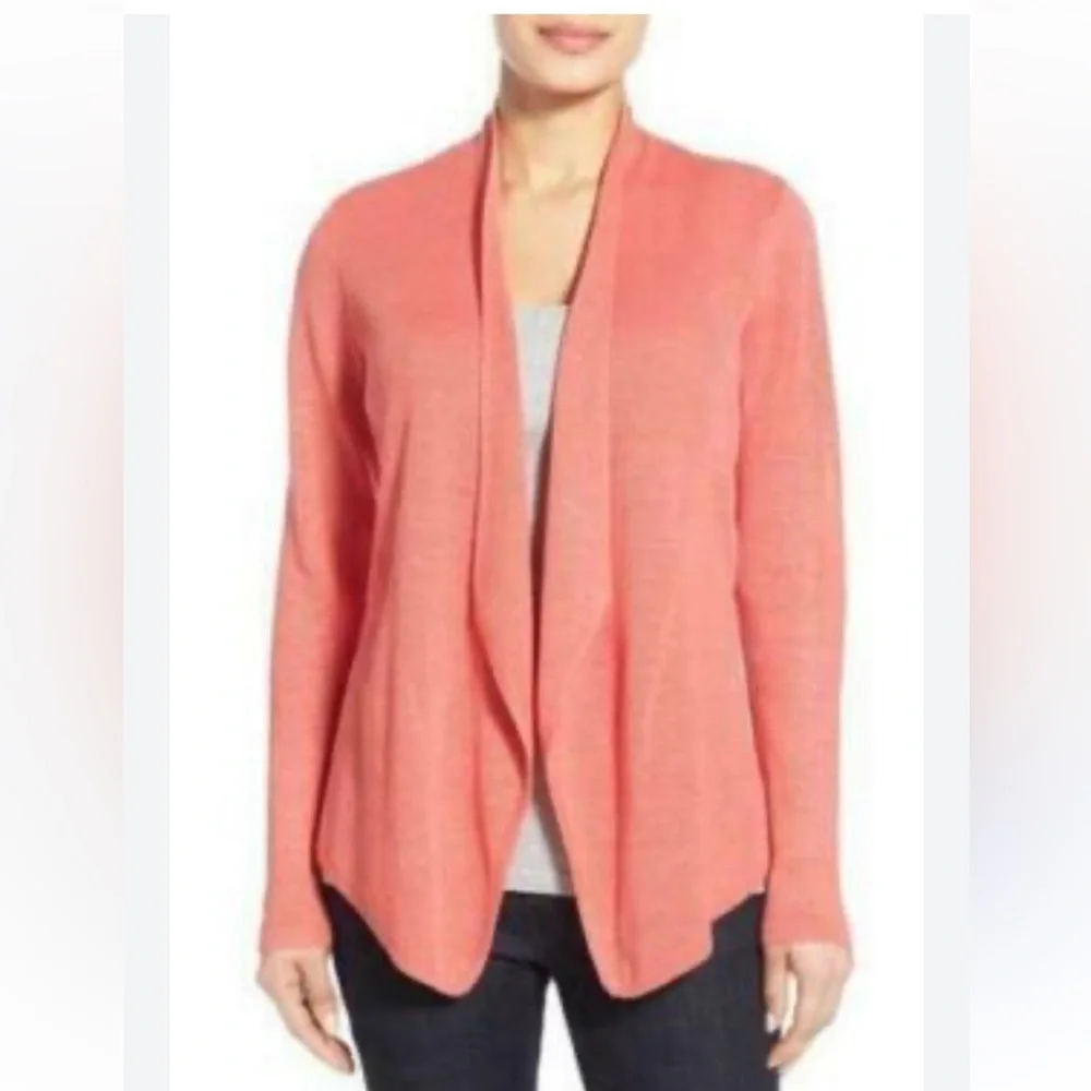 Eileen Fisher 100% Organic Linen Flora Cardigan Coral Angled Open Front 2X EUC